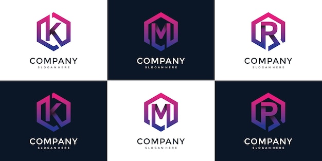 Moderna K, M, R con plantilla de diseño de logotipo hexagonal
