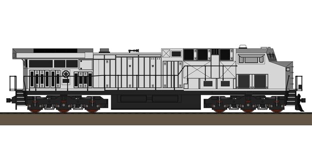 Moderna locomotora diésel de gran potencia y fuerza para el movimiento de trenes largos y pesados. Ilustración vectorial con líneas de trazo de contorno.