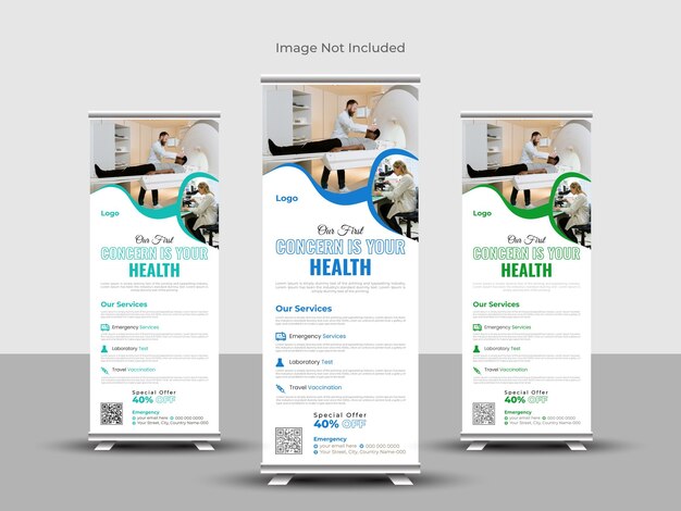 Moderna plantilla de banner médico enrollable con ideas creativas