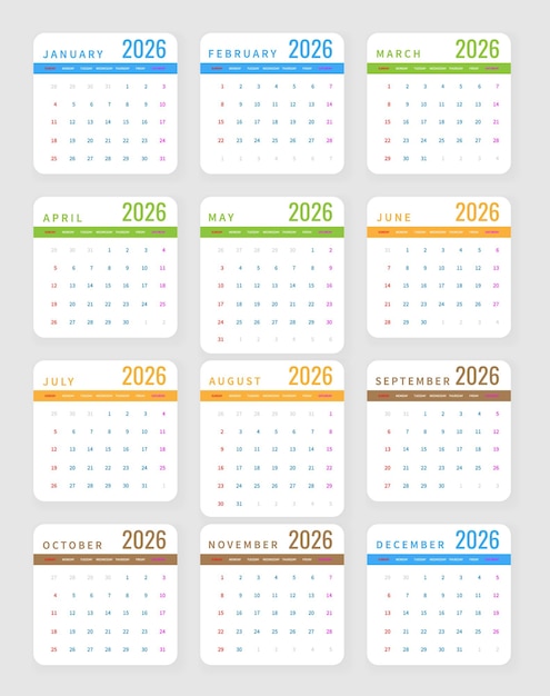 Moderna plantilla de calendario 2026 Planificación de la oficina Uso personal Organización minimalista Vector editable