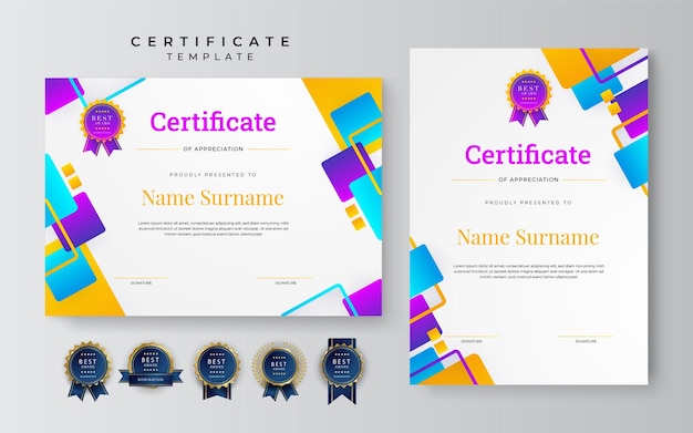 Moderna plantilla de certificado azul colorido y borde para diploma de premio e impresión