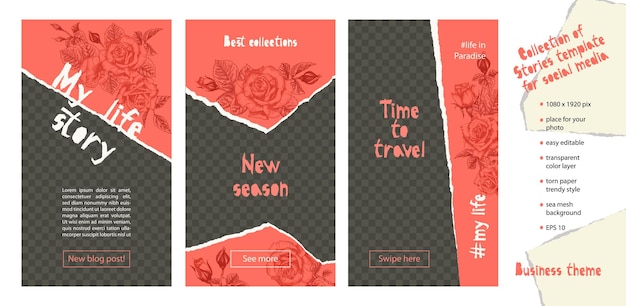 Moderna plantilla fácil de editar para historias de redes sociales en estilo de papel roto Tema de flores de rosas Fondo de diseño creativo para blogs de promoción web individuales y corporativos Ilustración vectorial