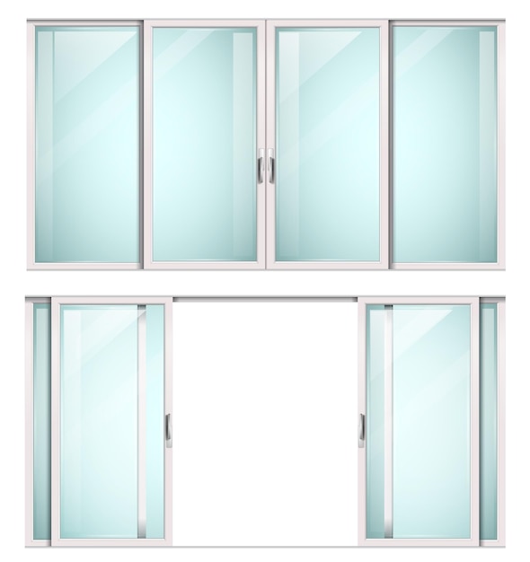 Moderna puerta o ventana corredera de metal blanco Vector con vidrio transparente