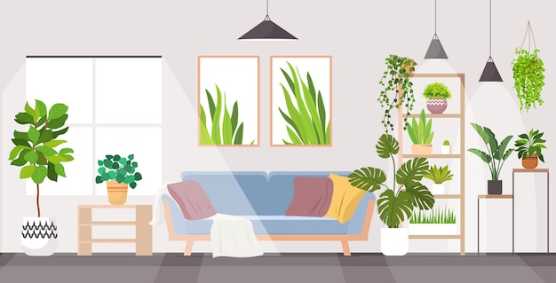 Vector moderna sala de estar interior apartamento con plantas de interior horizontal