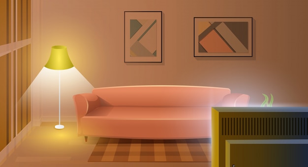 Moderna sala de estar con tv de trabajo vector de dibujos animados