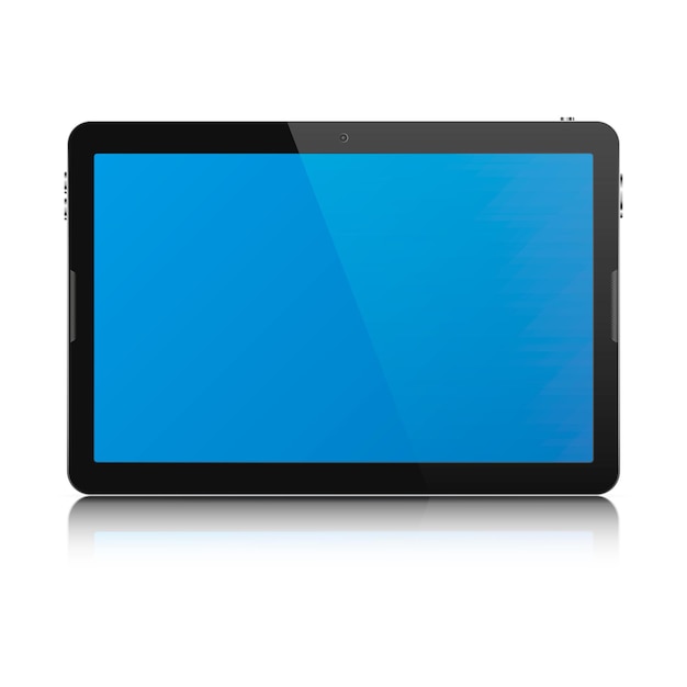 Moderna tableta con pantalla táctil aislada sobre fondo blanco. Tablet PC con pantalla azul en blanco y reflexión. Ilustración vectorial.