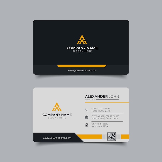 Moderna tarjeta de visita profesional corporativa negra y amarilla.