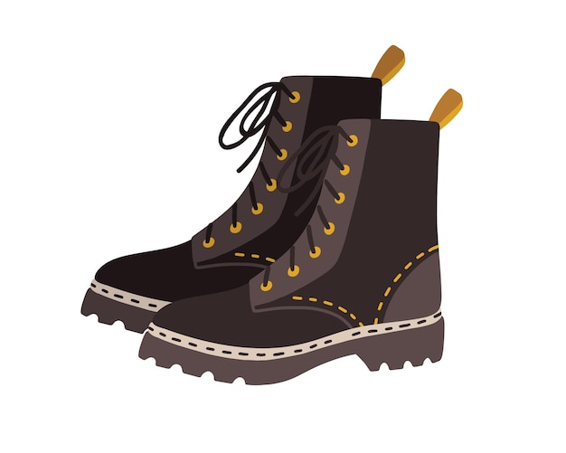 Modernas botas militares o de combate con suela plana y cordones. Vista lateral del calzado de mujer de moda en estilo militar. Ilustración de vector de color de zapatos de moda aislado sobre fondo blanco.