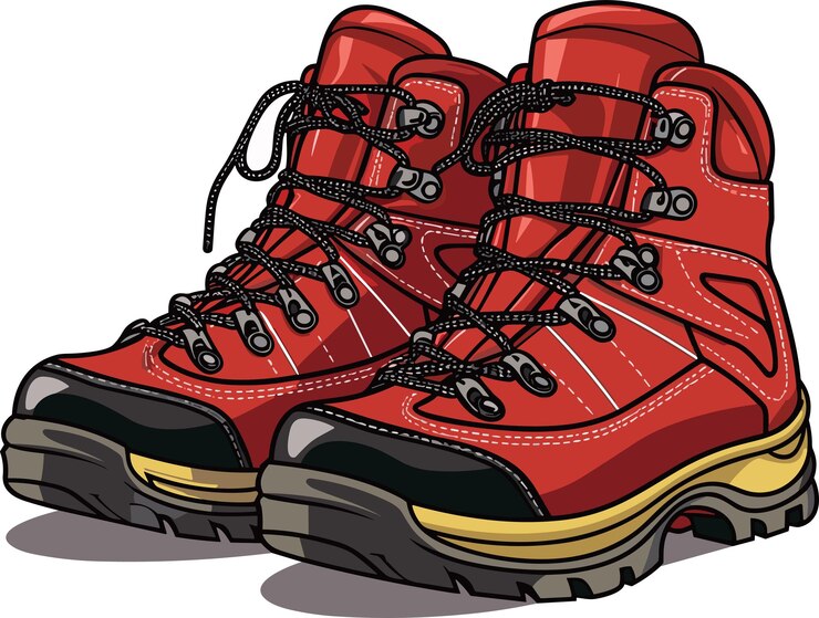 Vector modernas botas rojas de senderismo o seguimiento con cordones ilustración vectorial coloreada zapatos de trecking de moda aislados en fondo blanco