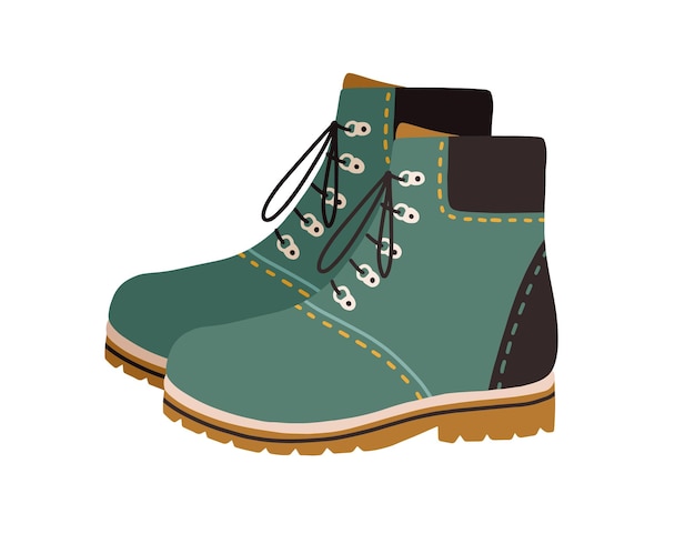 Modernas botas de senderismo o track con suela plana y cordones. calzado casual de moda para caminar. ilustración de vector de color de zapatos de trekking de moda aislado sobre fondo blanco.