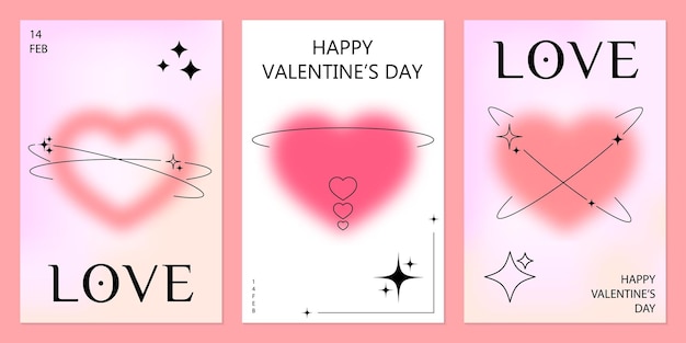 Modernas plantillas de diseño de día de San Valentín y tarjeta de amor conjunto de portadas de carteles de pancartas estética minimalista de moda con gradientes y tipografía fondos y2k