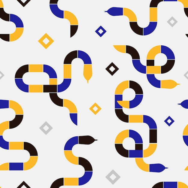 Moderno 2025 Año de la Serpiente patrón sin costuras abstracto con serpientes geométricas en negro amarillo azul blanco