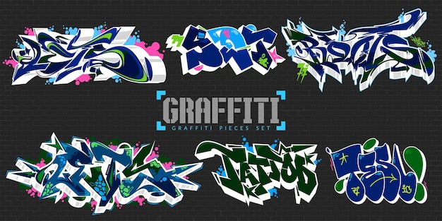 Moderno abstracto oscuro colorido arte callejero urbano letras ilustración vectorial juego de piezas de graffiti