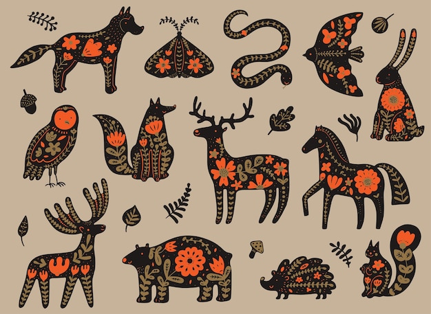 Moderno boho tribal con animales con patrones en estilo escandinavo Ornamento floral eslovaco