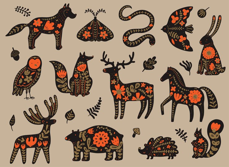 Moderno boho tribal con animales con patrones en estilo escandinavo Ornamento floral eslovaco