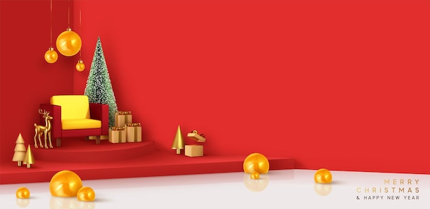 Moderno y brillante diseño de interiores de estudio de instalación realista de Navidad. Podio de vacaciones de Navidad vector 3d renderizar composición. Sillas de árbol de Navidad, caja de regalo, bolas decorativas. Paredes rojas y suelo blanco.