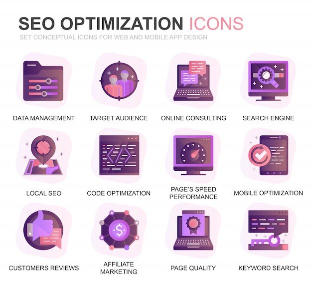 Moderno conjunto de iconos de Seo y optimización web optimizada