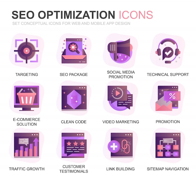 Moderno conjunto de iconos de Seo y optimización web optimizada