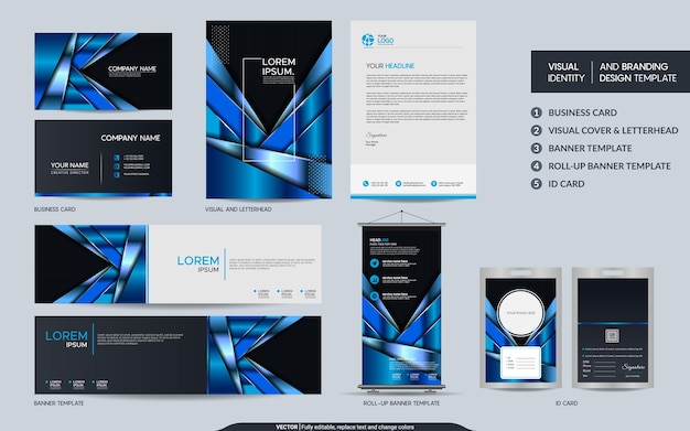 Moderno conjunto de maquetas azul metálico elegante e identidad de marca visual con fondo de capas superpuestas abstractas Ilustración vectorial maqueta para el sitio web de banner de evento de producto de tarjeta de portada de marca