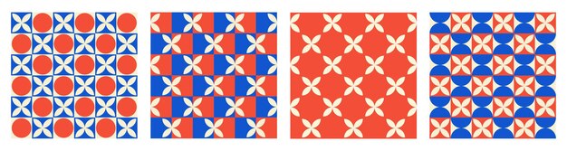 Moderno conjunto de patrones geométricos sin costuras retro con coloridos semicírculos flores y cuadrados
