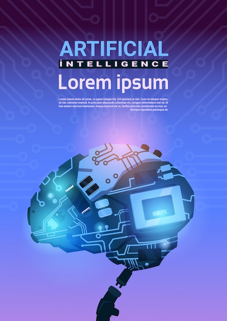 Moderno Cyborg Brain Mechanism Over Circuit Motherboard Background Vertical Banner con copia espacio