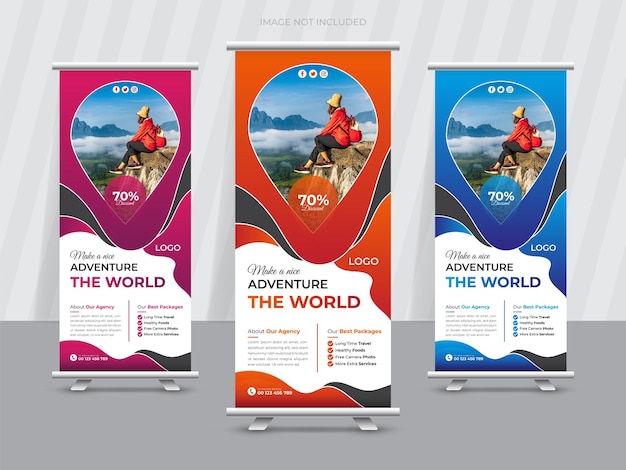 Moderno diseño de banner de agencia de viajes enrollado o tarjeta de rack turismo x plantilla de banner