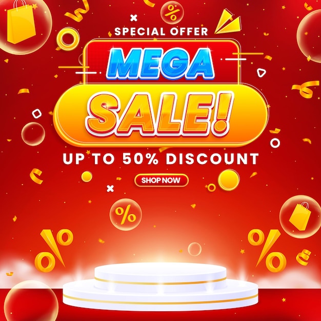 Moderno diseño de banner de mega venta con tema de podio abstracto