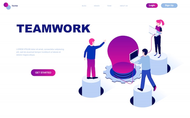 Moderno diseño plano isométrico concepto de trabajo en equipo