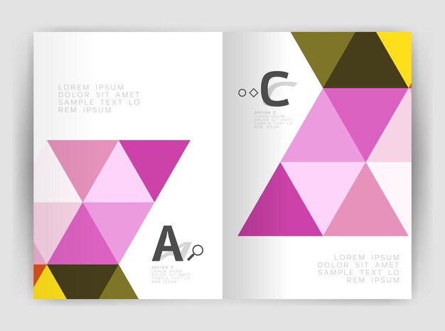 Moderno folleto de negocios o folleto plantilla de portada A4 fondo abstracto con triángulos de color informe anual fondo de impresión diseño vectorial para diagrama de diseño de flujo de trabajo opciones de número o diseño web