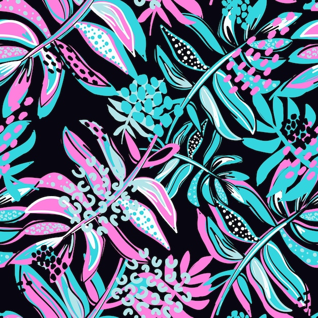 Moderno fondo tropical de colores patrón sin costuras con hojas tropicales y puntos Ilustración de verano brillante Diseño tropical para papel de tela y más