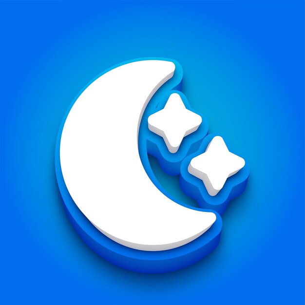Moderno icono de luna y estrellas en 3D azul y blanco con fondo azul vibrante