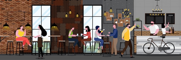Moderno interior de cafetería en estilo loft con lleno de cliente