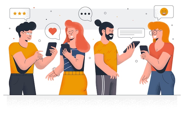 Moderno de jóvenes charlando en teléfonos inteligentes. Niños y niñas felices que se comunican juntos y envían mensajes en las redes sociales. Fácil de editar y personalizar. ilustración