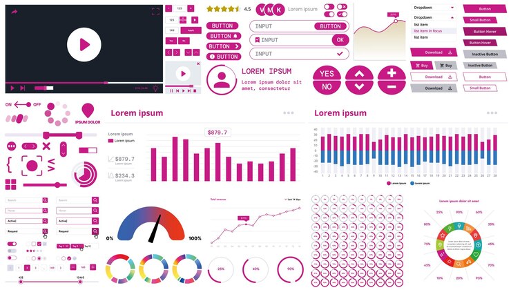 Vector un moderno kit de interfaz con botones, gráficos y elementos para crear aplicaciones web y tableros ideales para las estadísticas y finanzas empresariales