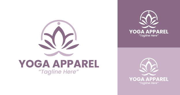 Moderno logotipo de marca de ropa de yoga con diseño puro púrpura y blanco para ropa de deporte