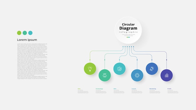 Moderno minimalista elegante limpio circular 6 pasos diagrama editable plantilla de diseño infográfico vectorial