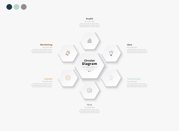Moderno minimalista elegante limpio circular 6 pasos editable plantilla de diseño infográfico vectorial