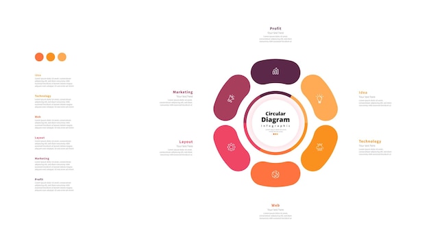 Moderno minimalista elegante limpio circular diagrama de 6 pasos editable plantilla de diseño infográfico vectorial