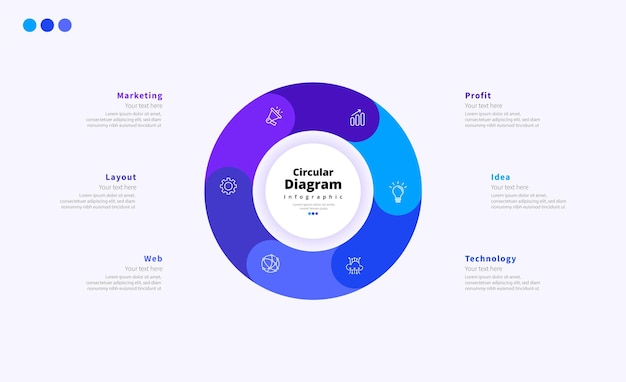 Moderno minimalista elegante limpio circular diagrama de 6 pasos editable plantilla de diseño infográfico vectorial