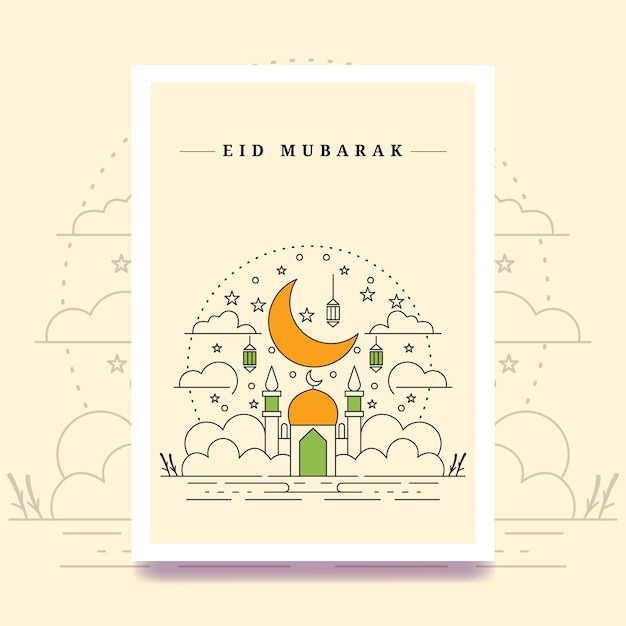 Moderno modelo de arte de línea de Eid mubarak ilustración vectorial de la mezquita linterna creciente tarjeta de felicitación