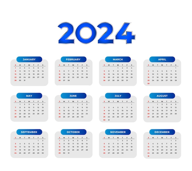 Moderno modelo de calendario anual para el año nuevo 2024 plan vector de objetivos anuales