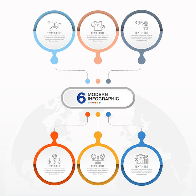 Moderno modelo de infografía con proceso o opciones en 6 pasos