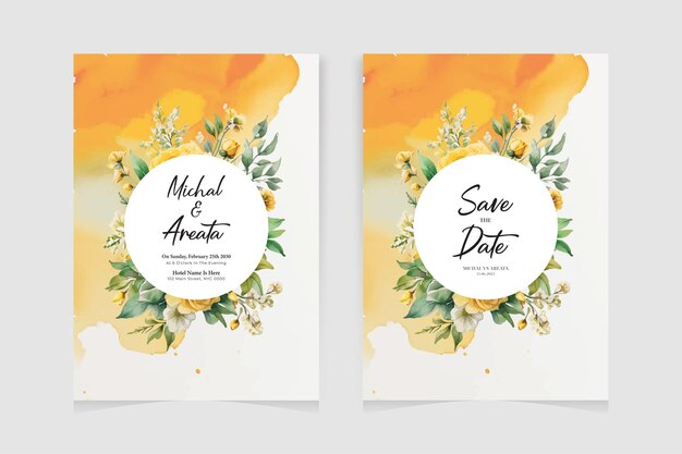 Moderno modelo de tarjeta de invitación de boda con un hermoso conjunto de flores de color amarillo