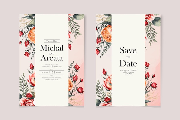 Moderno modelo de tarjeta de invitación de boda con un hermoso conjunto de flores