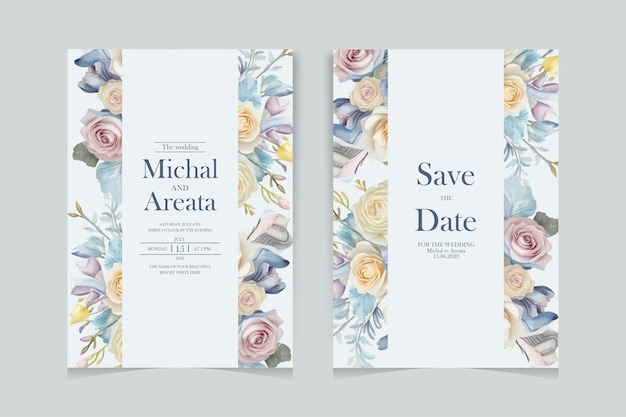 Moderno modelo de tarjeta de invitación de boda con un hermoso conjunto de flores