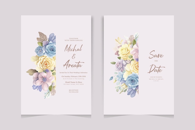 Moderno modelo de tarjeta de invitación de boda con un hermoso conjunto de flores