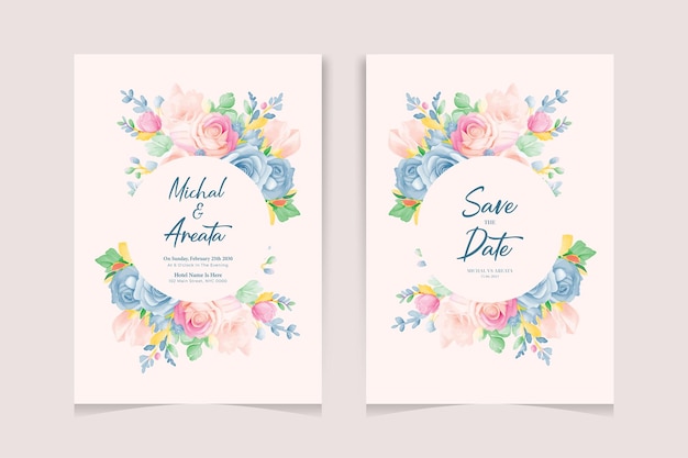 Moderno modelo de tarjeta de invitación de boda con un hermoso conjunto de flores