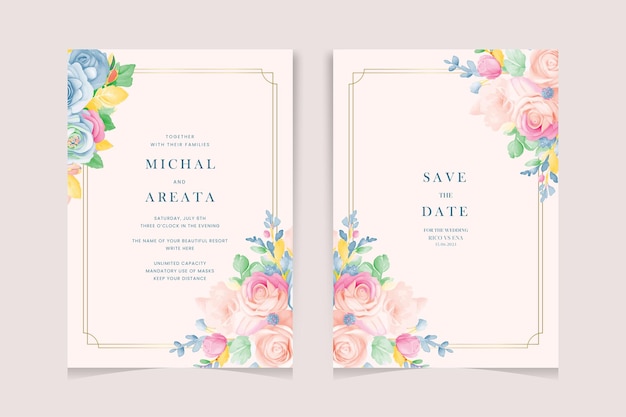 Moderno modelo de tarjeta de invitación de boda con un hermoso conjunto de flores