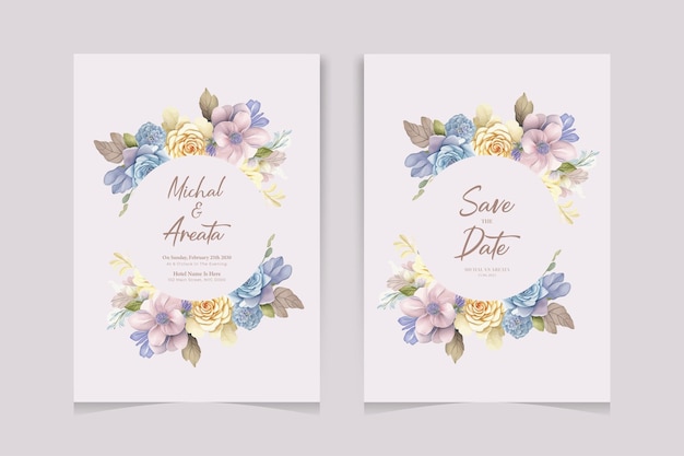 Moderno modelo de tarjeta de invitación de boda con un hermoso conjunto de flores