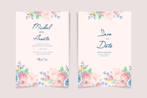 Moderno modelo de tarjeta de invitación de boda con un hermoso conjunto de flores